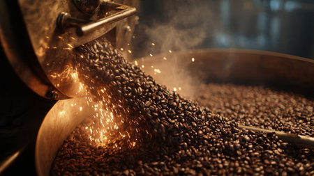 Coffee beans being roasted in a roasting machine in a restaurant
