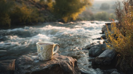 Cup of tea on the background of a mountain river. A cup of hot drink on the background of a mountain river.の写真素材