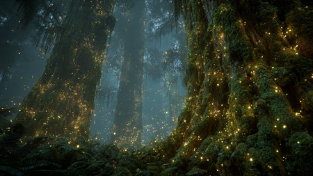 Foggy forest with illuminated trees. 3D rendering