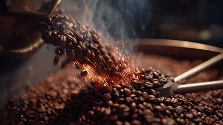 Coffee beans being roasted in a coffee roasting machine.の写真素材