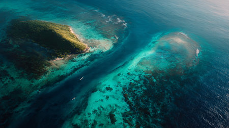 Aerial view of tropical island with coral reef and turquoise sea