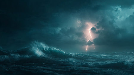 Stormy sea with lightning in stormy sky.