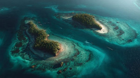 Aerial view of a tropical island with coral reef and sandy beach.