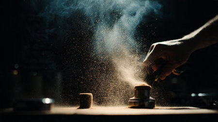 Close up of male hands using pepper grinder to grind pepper on table.の写真素材