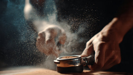 Close-up of the hands of a man who sprinkles flour on a wooden tableの写真素材
