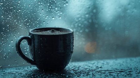 Coffee cup on the rainy window with rain drops on glassの写真素材