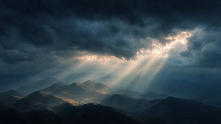Sun rays shining through the clouds in the mountains. Landscape.