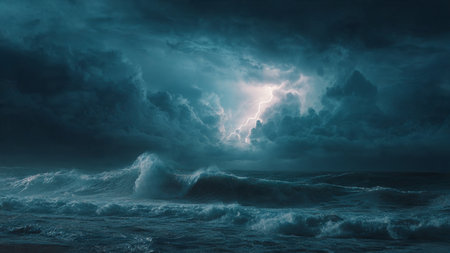 Stormy sea with stormy sky and lightning. 3d rendering