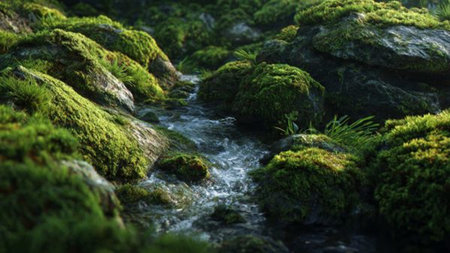 Mossy rocks and stream in the forest. Nature background.の写真素材