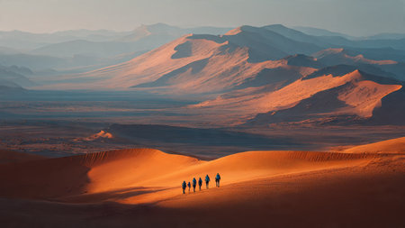 Silhouettes of people walking in the sand dunes of the Namib Desert, Namibiaの写真素材