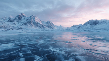 Beautiful winter landscape with frozen lake and mountains in the background at sunset