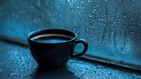 Cup of coffee on rainy window. Shallow DOF.