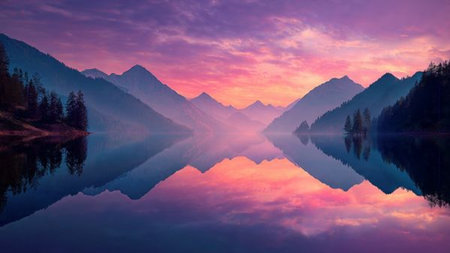 Mountain lake at sunset. Panoramic view. Beauty world.