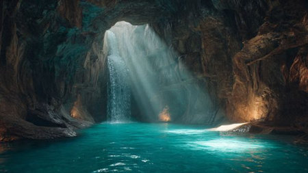 Beautiful waterfall in the cave. 3d rendering. Computer digital drawing.