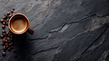 Coffee cup and coffee beans on stone background, top viewの写真素材