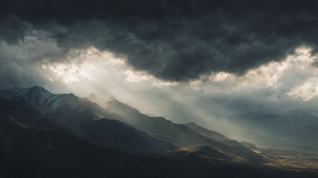 Mountain landscape with dramatic sky and clouds. Panoramic view
