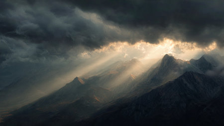 Mountain landscape with sun rays and clouds. Panoramic view