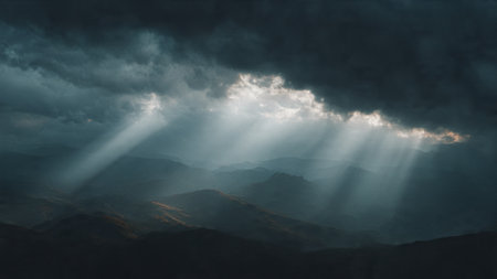 Dramatic stormy sky with rays of light over the mountainsの写真素材