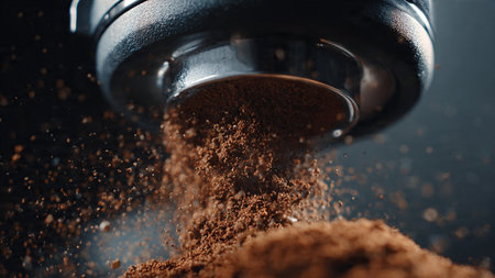 Coffee grinder with ground coffee on dark background, closeup