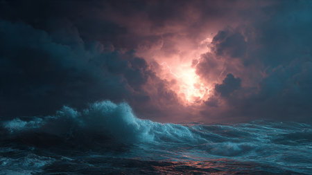 3D illustration of a stormy sea with waves and storm cloudsの写真素材