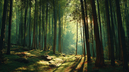 Bamboo forest at sunrise, Bamboo forest, Bamboo forest