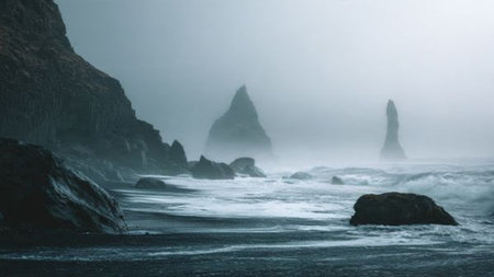 Foggy view of Reynisfjara Beach, Iceland.の写真素材