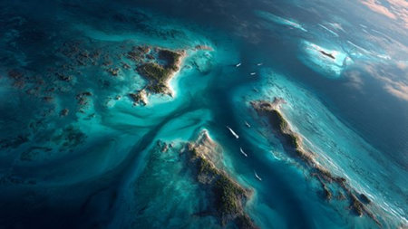 Aerial view of coral reef and blue sea. Top view of seascape.