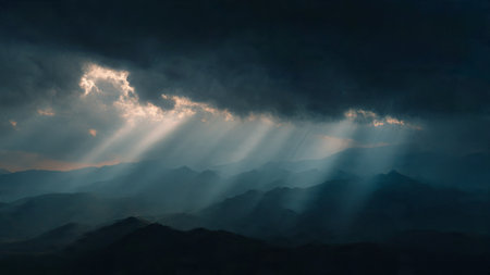 Sun rays through the clouds in the mountains. Dramatic sky.