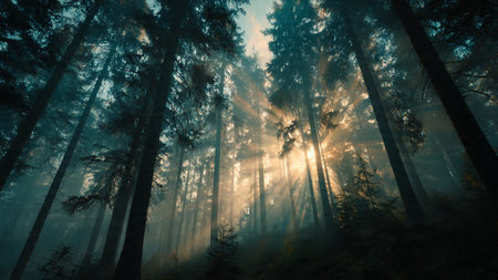 Foggy forest with trees and rays of light. 3D renderingの写真素材