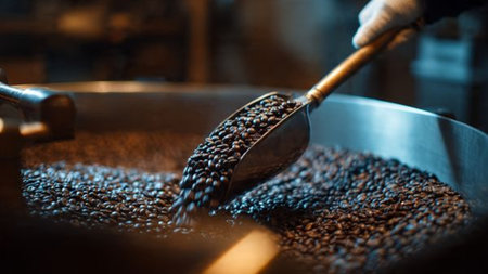 Coffee beans being poured into a roasting pan. Coffee roasting process.