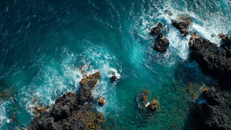 Aerial view of a rocky coastline with ocean waves breaking on rocksの写真素材