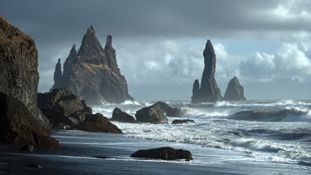 Black sand beach Reynisfjara in Iceland. Panoramic image