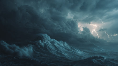 3D illustration of a stormy sea with stormy clouds and lightningの写真素材