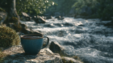 Cup of hot chocolate on the background of a mountain river and forestの写真素材