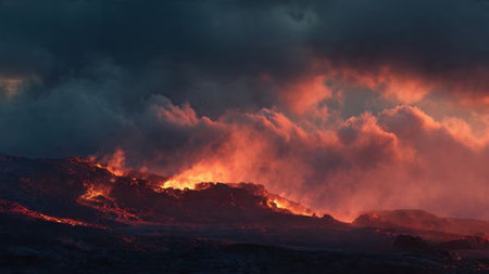Fiery sunset in the crater of volcano Etna, Sicily, Italy