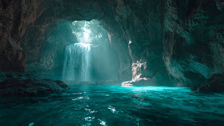 Cave and waterfall in turquoise water. 3d rendering