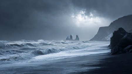 Panoramic view of Reynisfjara Beach, Iceland.の写真素材