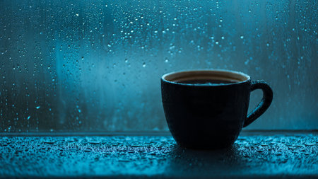 Coffee cup on rainy window background. Coffee cup on rainy day.の写真素材