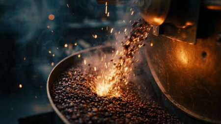 Coffee roasting process. Roasted coffee beans being poured into a roaster