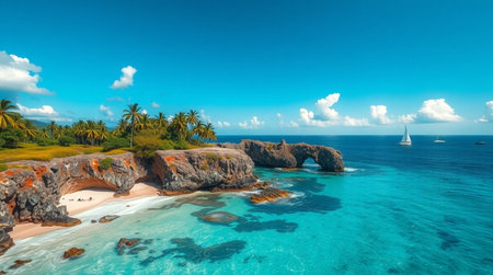 Panoramic aerial view of beautiful beach with turquoise water and white sand at Seychelles