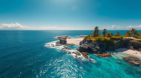 Aerial view of beautiful tropical beach with palm trees. Seascape from droneの写真素材