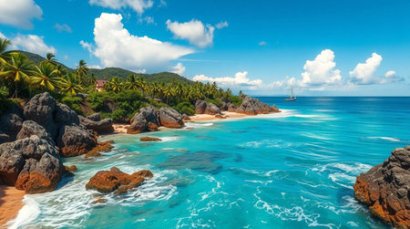 Panorama of a beautiful tropical beach in the Seychellesの写真素材