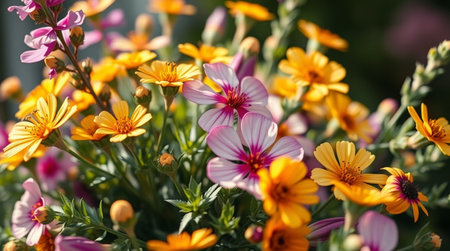 Colorful flowers in the garden on a sunny day. Floral background.
