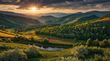 Panoramic view of sunset in the mountains. Carpathians, Ukraineの写真素材