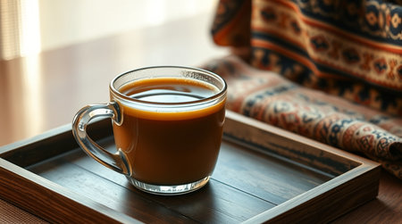 Cup of coffee on tray, closeup. Cozy atmosphereの写真素材