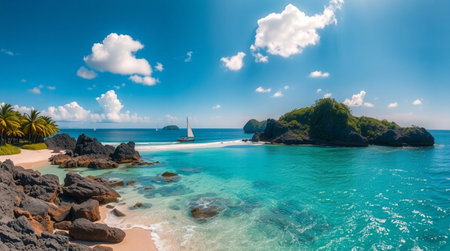 Aerial view of beautiful tropical beach with white sand, turquoise water and blue sky with white cloudsの写真素材