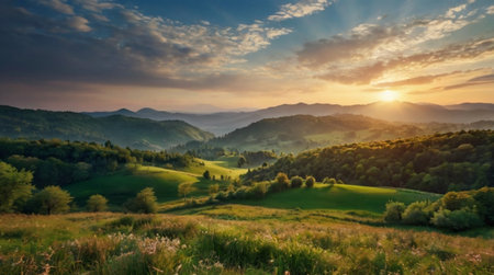Beautiful sunset in the Carpathian mountains, Ukraine, Europeの写真素材