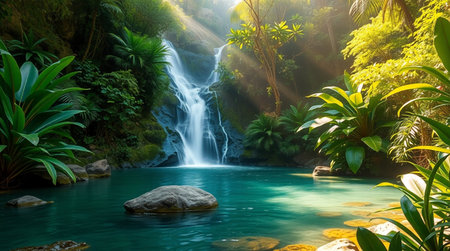 Tropical waterfall in the jungle with green plants and rocks.