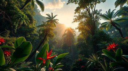 Beautiful tropical sunset in the jungle. Panoramic view.