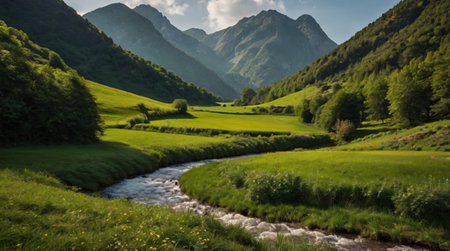 Beautiful mountain landscape with a river and green meadows in the foreground